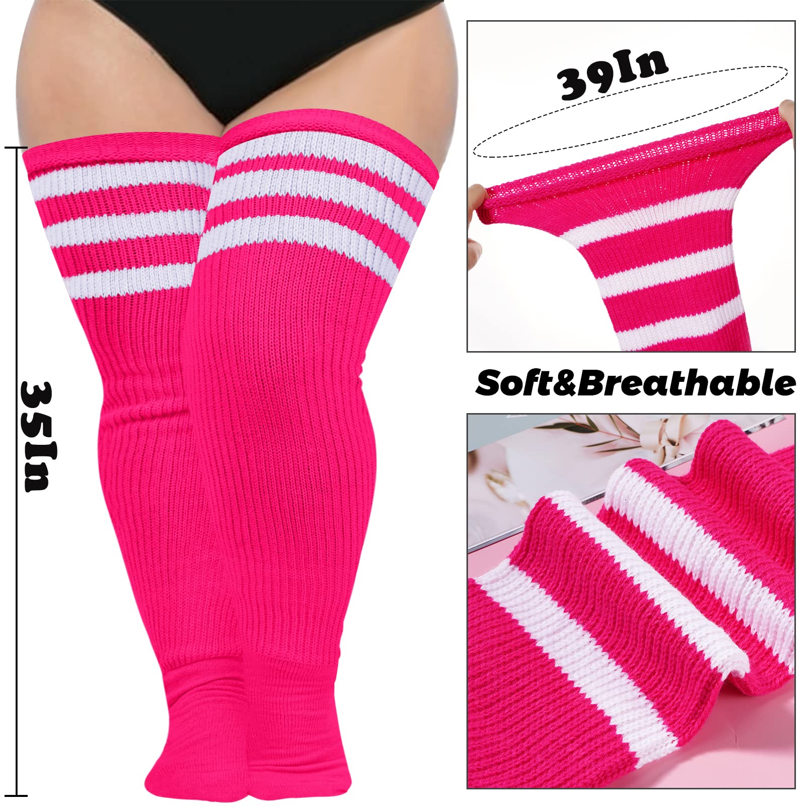 Abodhu Plus Size Thigh High Socks for Thick Thighs Women- Extra Long Widened Extra Long Thick Knit: Rose & White