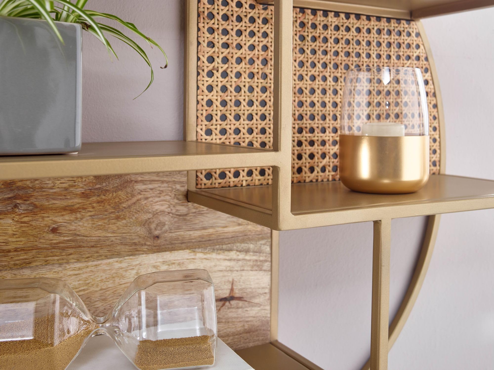 FineBuy Wandregal Rund 62x62x17 cm Massivholz Rattan, Hängeregal