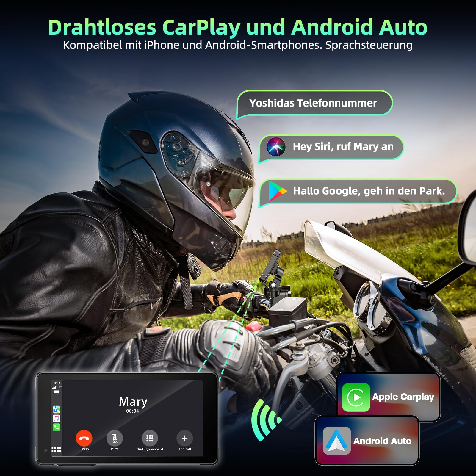 Wireless Carplay per Moto con App-le Carplay e Android Auto,5,5 Pollici Portatile Schermo Touch con Dashcam Anteriore e Posteriore 2K+1080P, Impermeabile IP67/Registrazione in Loop/Siri/Goo-gle/64G TF