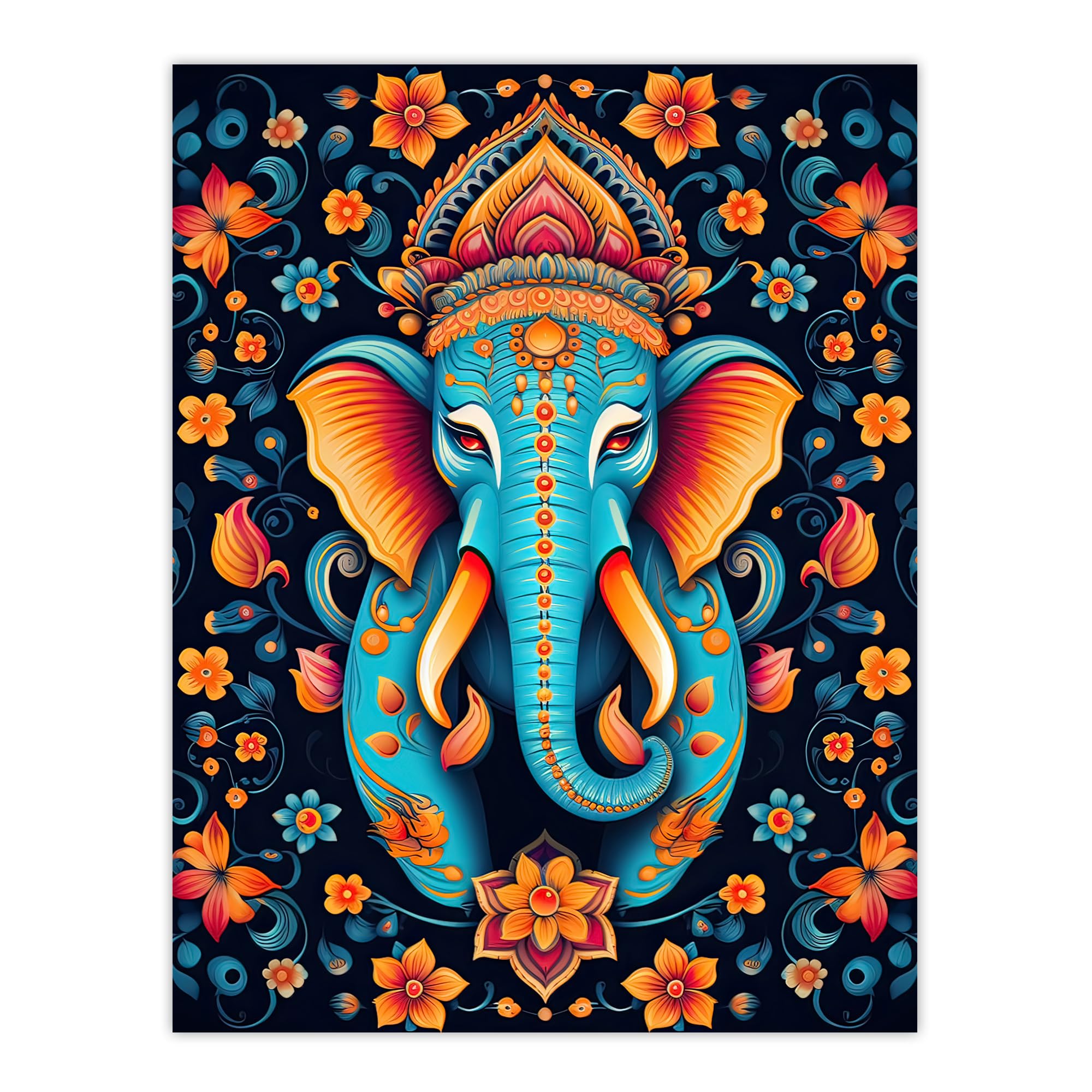 Artery8 Unframed Wall Art Decorated Indian Elephant With Flower Pattern Vibrant Blue Orange Hindu Floral Design12X16 Inch from B&Q