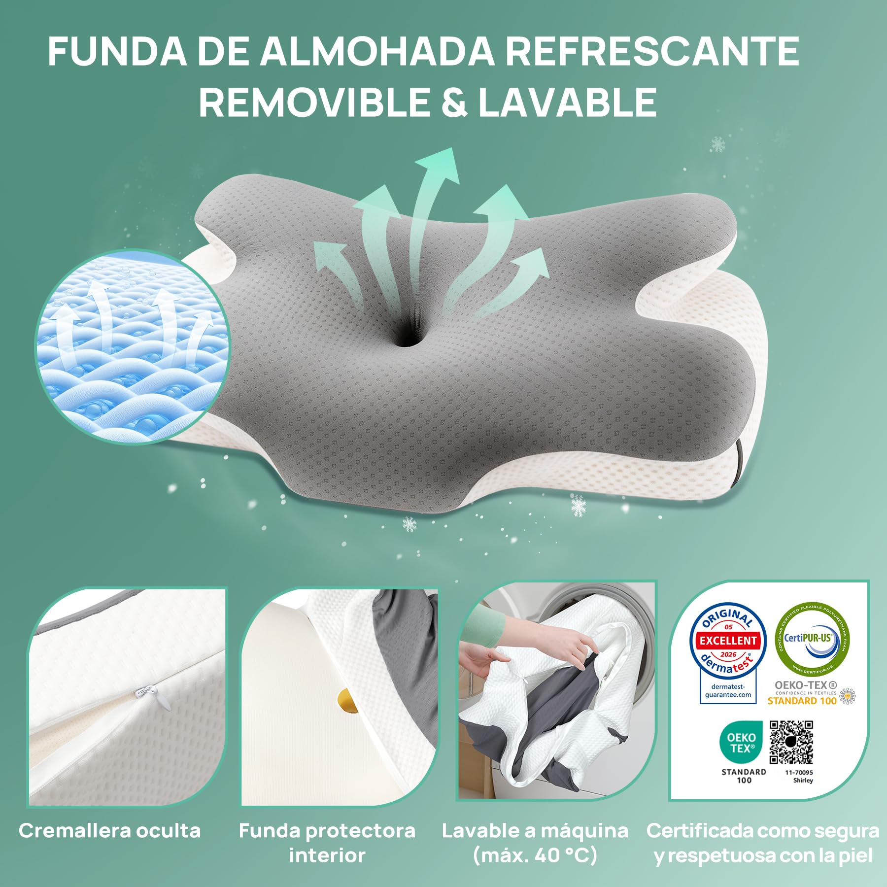 MULISOFT Almohada Cervicales y Cuello, Almohada Cervical de Espuma Viscoelástica, 2 en 1 Almohada Ergonómica Mariposa para Dormir de Lado, Boca Arriba y Boca Abajo, 67x36x10/12 cm, P-105 Gris
