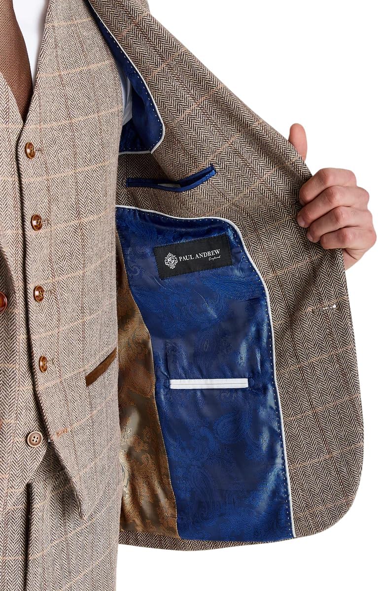 SIRRI Men’s Tweed Retro Sold Separately Windowpane Brown Suit for Wedding & Special Occasion