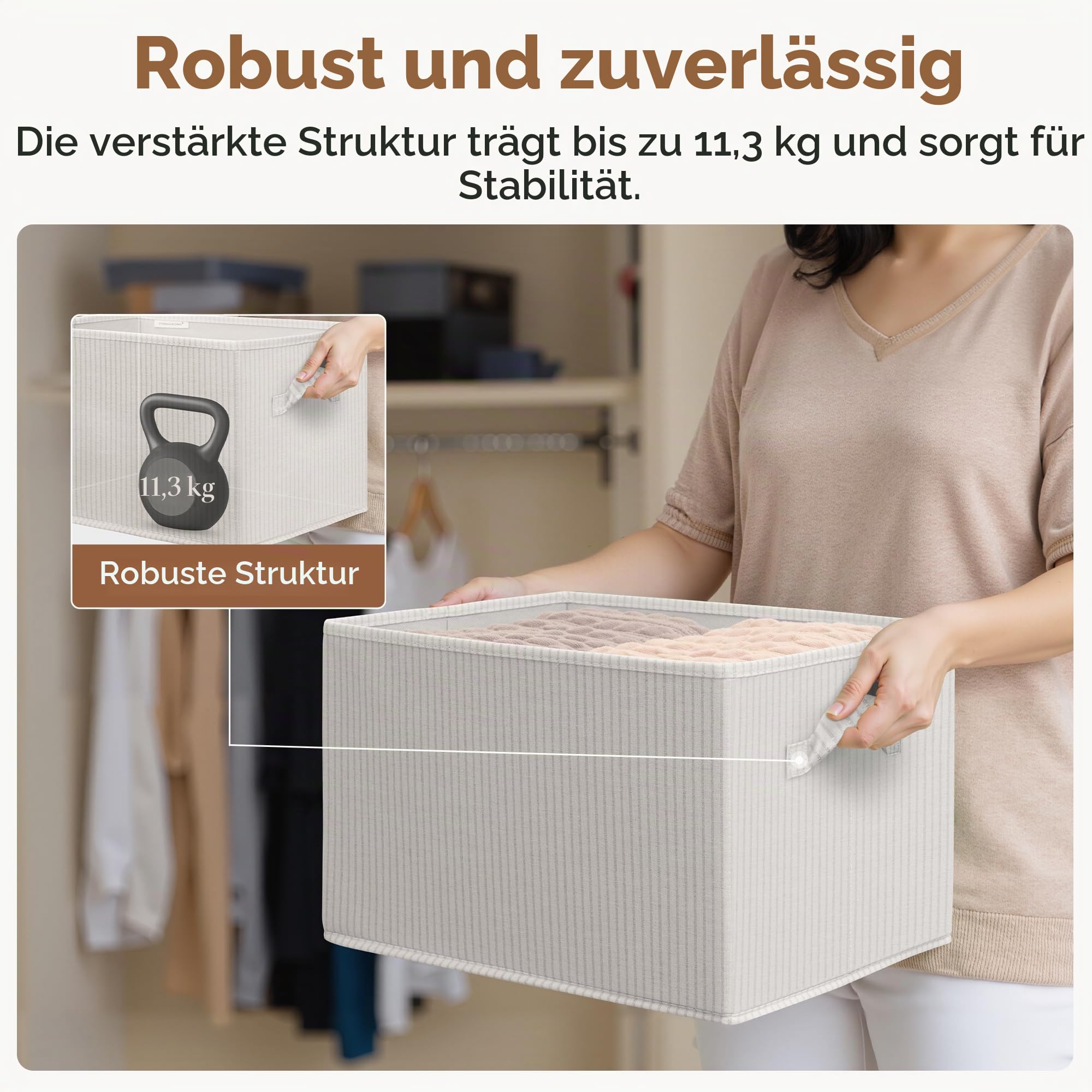 StorageWorks Kisten groß mit Griffen, Stoff Aufbewahrungskorb für Regale, Aufbewahrungsbox Badezimmer, faltbarer Kleiderschrank Organizer, Ordnungsboxen für Wäscheschrank, beige gestreift, 3 Stück