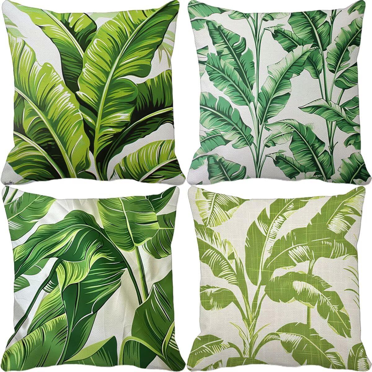 Poszewki na poduszki 55 x 55 cm, zestaw 4 zielonych, kwadratowych poduszek na sofę, liście, dekoracyjne, super miękkie poszewki na poduszki z niewidocznym zamkiem błyskawicznym, na kanapę, do sypialni
