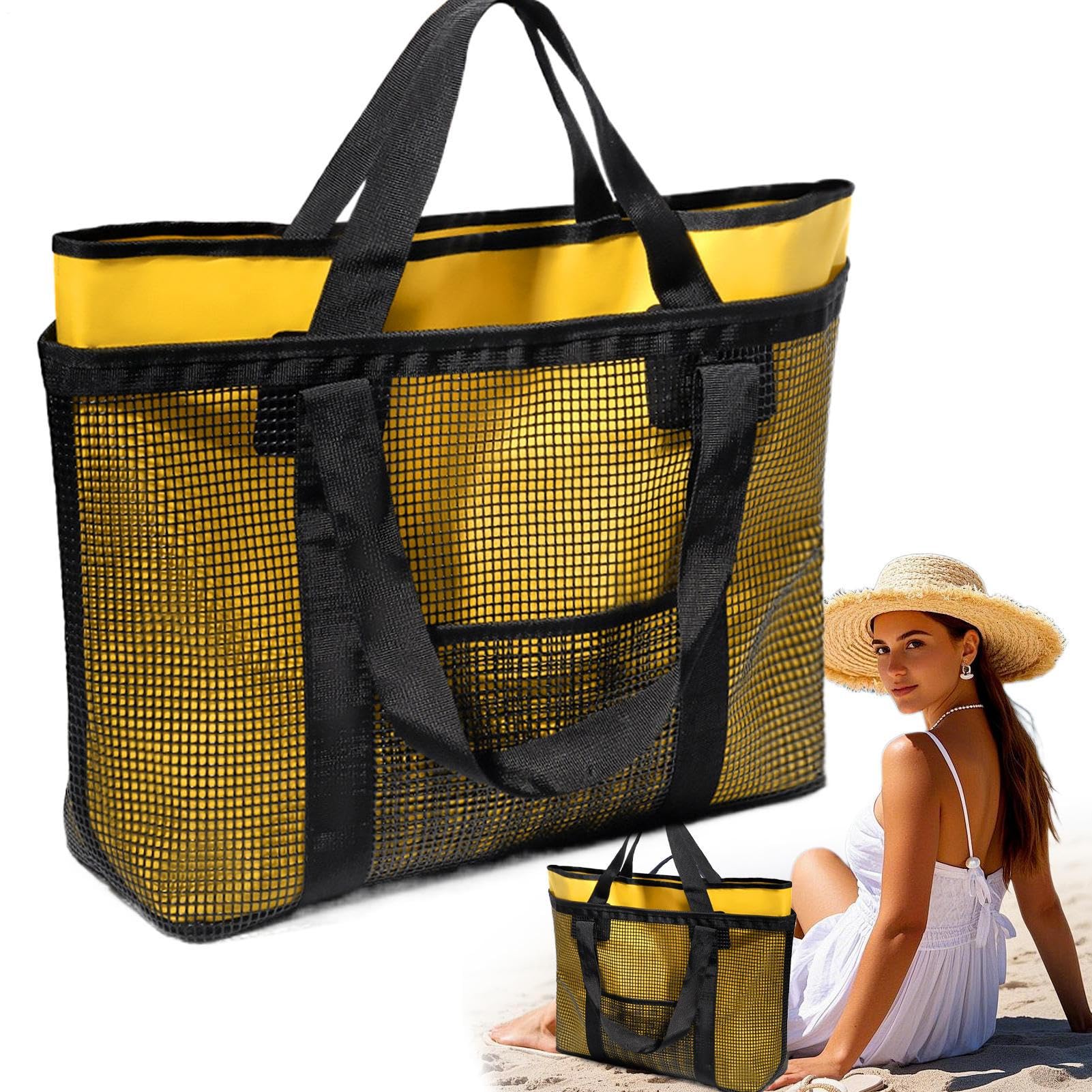 Borse Da Spiaggia Femminili Impermeabile Pieghevole Leggera Antisabbia | Borsa a rete da piscina donna Per Abiti Cappello Cosmetici Telefono Viaggio Vacanza Gita Outdoor Campeggio