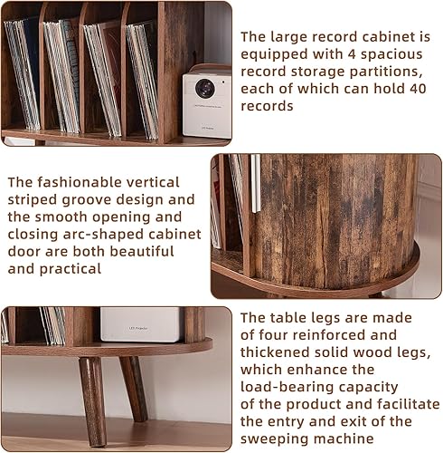 Miniatura 5 de LELELINKY Soporte redondo grande para tocadiscos con estación de carga y panel estriado, gabinete giratorio moderno de mediados de siglo marrón con
