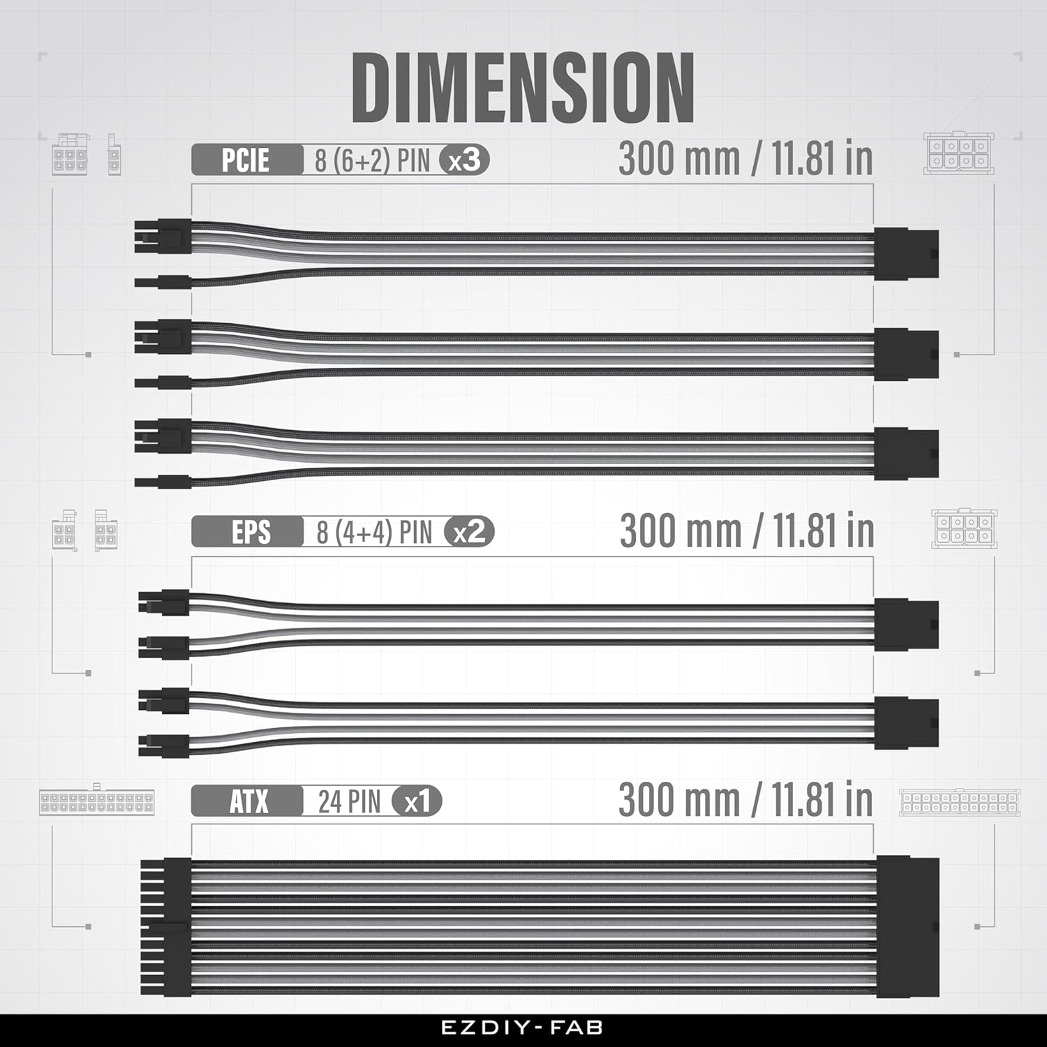 EZDIY-FAB PSU Cable Extension Kit,16AWG Power Supply Extension Cable,1x24Pin/2x4+4 EPS/3x6+2 PCI-E,Custom PC Sleeve Cable 300MM with Combs-Black Grey
