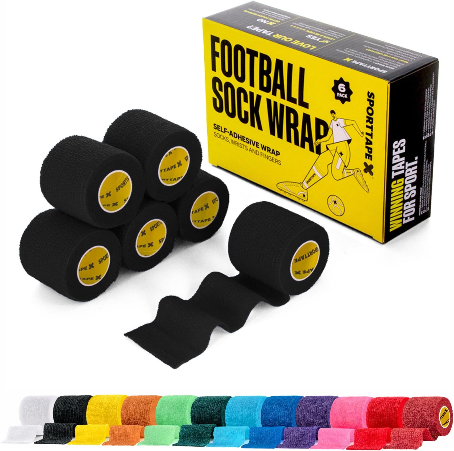 6 Rolls Football Sock Tape, 5cm x 4.5m, Black - Self-Adhesive Cohesive Bandage, Compression Wrap & Sports Stretch Tape for Ankles, Joints, Socks, Vet, Pet Wrap for Dogs and Horses