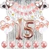15th Birthday Decorations Rose Gold - Happy Banner, Number 15 Balloons, Years Old Decoration Supplies