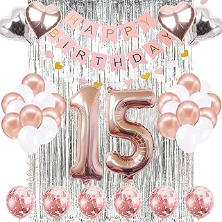 15th Birthday Decorations Rose Gold, Happy Birthday Banner, Number 15 Birthday Balloons, 15 Years Old Birthday Decoration Supplies