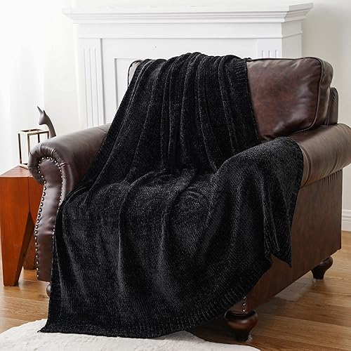Miniatura 8 de BATTILO HOME Manta negra de punto de felpilla tejida para sofá o cama, manta suave y acogedora, 51 x 67 pulgadas