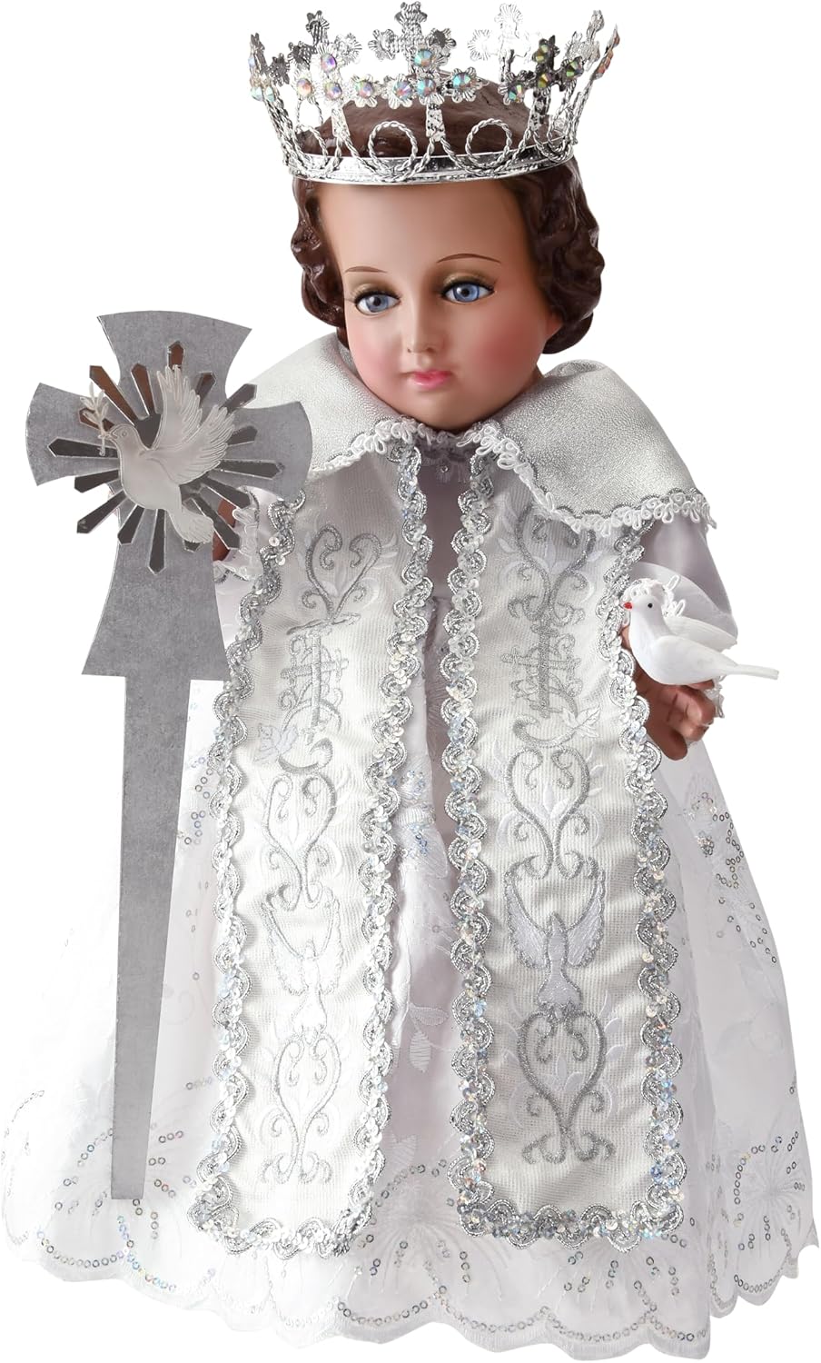 A&C Quinceañeras and More Rey de la Bondad White Gown with Silver Embroidery Religious Dress for Infant baby jesus