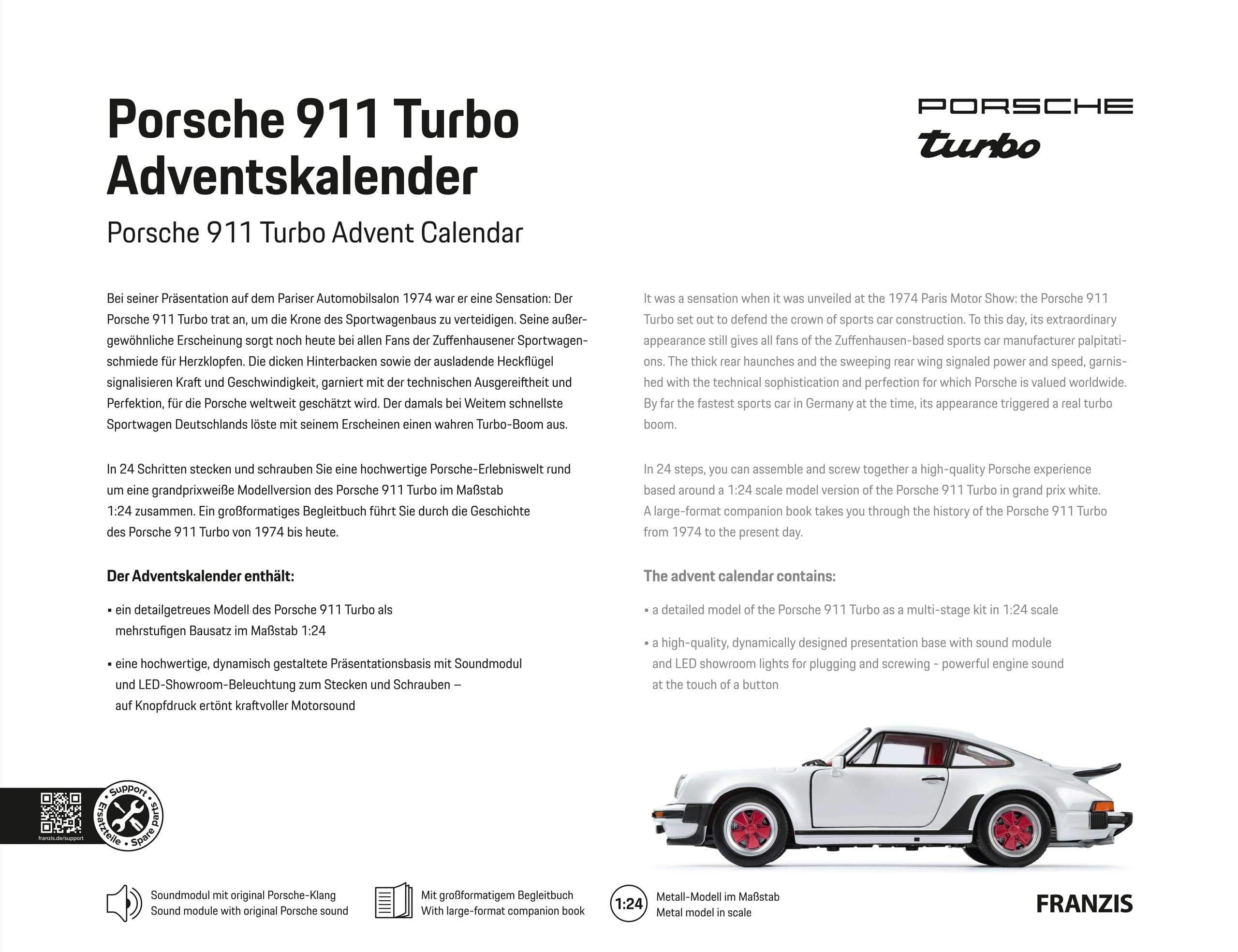 FRANZIS 67322 - Porsche 911 Turbo Adventskalender, Modellbausatz 1:24