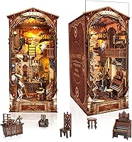 Vista 10 de Kit de rincón de libros de bricolaje, decoración de estantería de libro de casa de muñecas, rompecabezas de madera 3D con cubierta LED para polvo