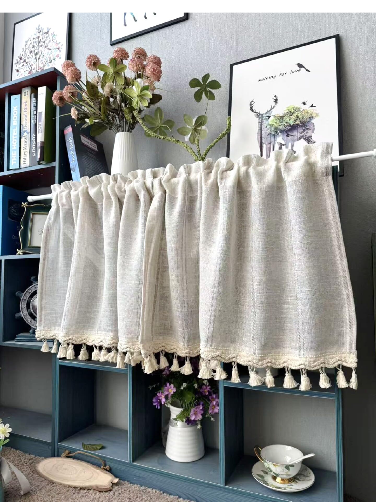 Rideau brise-bise en lin beige pour petite fenêtre de terrasse ou meuble de placard bas 100x90cm