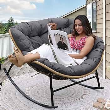 RADIATA Double Papasan Rocking Chair With Cushion, 2-Person Patio Egg Lounge Chair, Oversized Outdoor Recliner Loveseat, 700 Lbs Capacity, Comfy Big Rocker For Porch, Balcony,Living Room,Beige