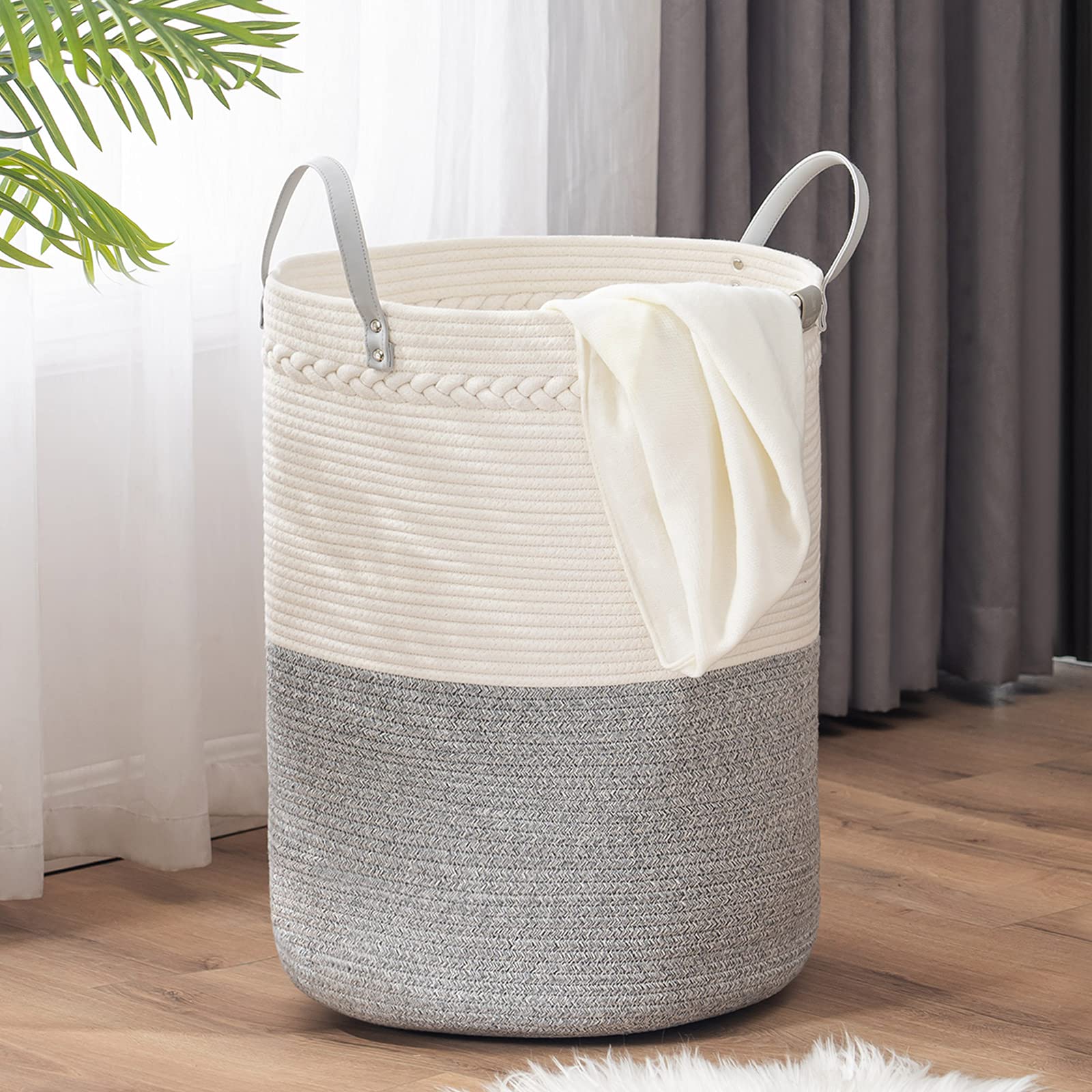 TECHMILLYTall Laundry Hamper, Large Woven Rope Cloth Basket, Modern Grey Dirty Hamper in College Dorm, Bathroom, Laundry Room and Bedroom - 72L