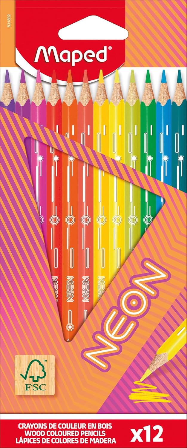 Maped - Neon Coloured Pencils - Neon Effect Colouring Pencils - Box of 12 Neon Pens