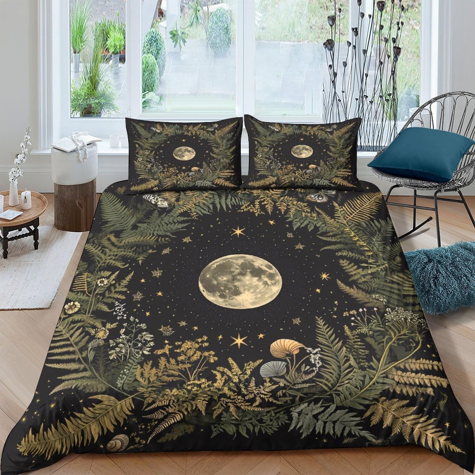 GPLZQXKJNH 3D Printed Moon Forest Duvet Cover Set Microfiber Soft Breathable Celestial Botanical Bedding with 2 Pillowcases for Bedroom Decor Single（135x200cm）
