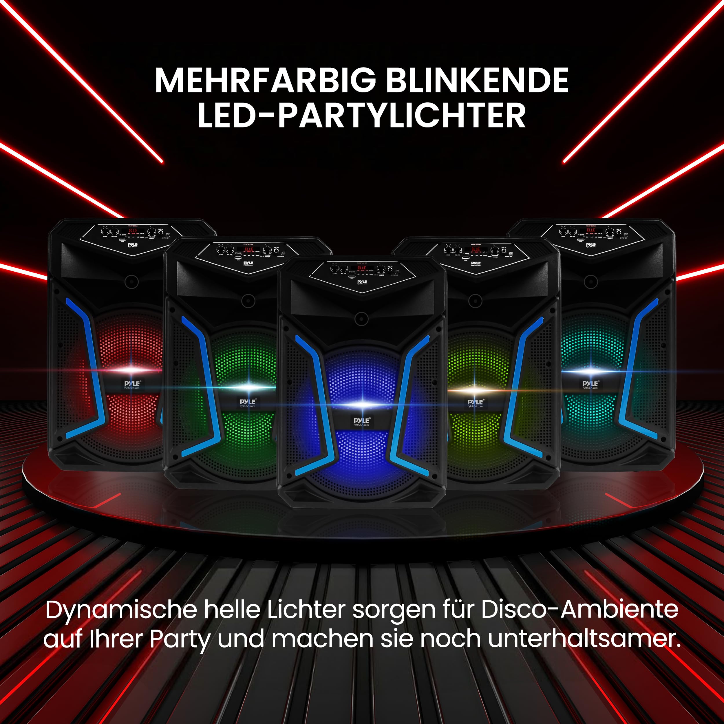 Pyle Partybox Bluetooth 12 Zoll 800W Lautsprecher – Leistungsstarke PA Anlage mit Akku, Mikrofon, LED Lichteffekte, USB, AUX, FM Radio, Rollen & Teleskopgriff