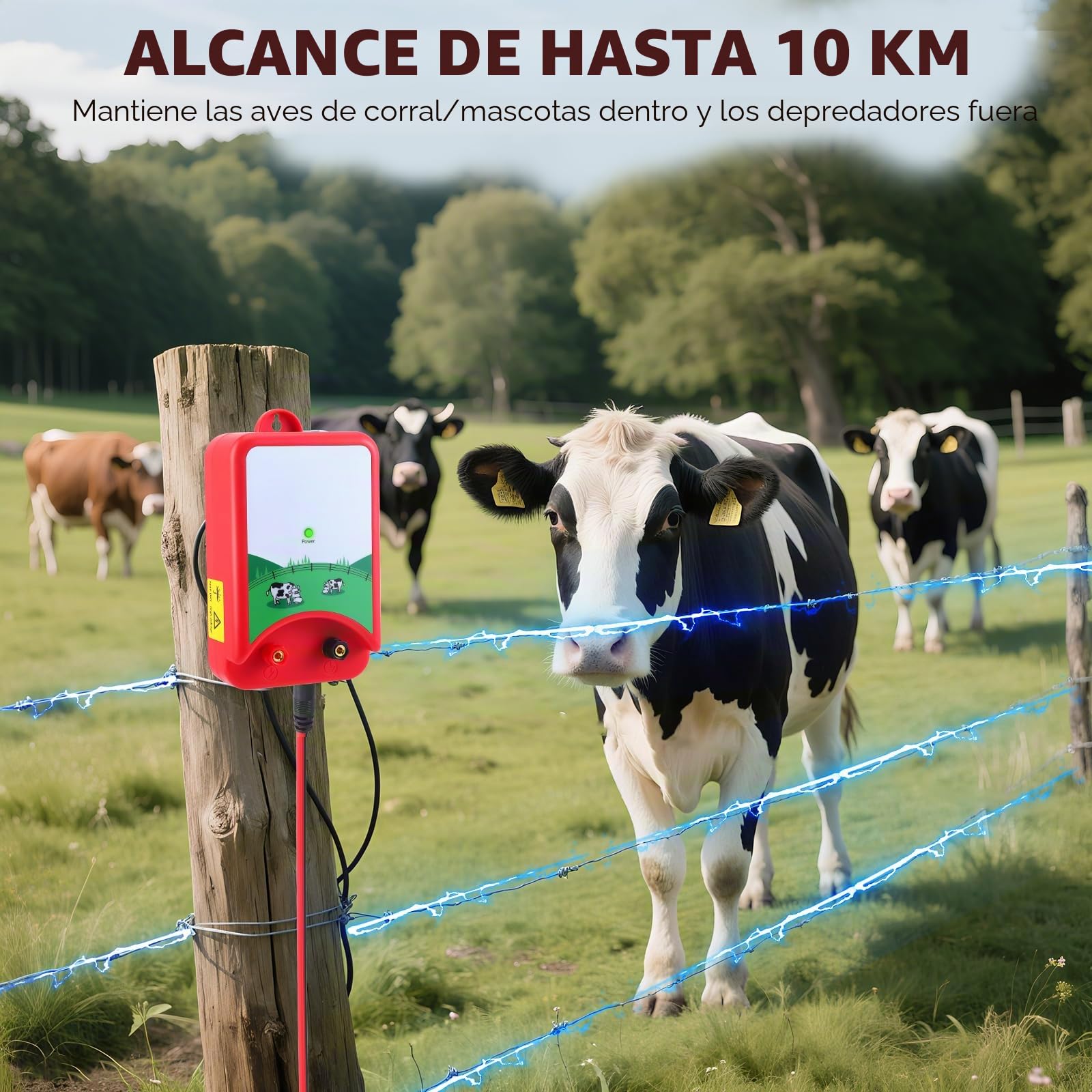 10KM Pastor Electrico, 1.5J Cerca Eléctrica Controlador Impermeable Electrificador Kit de Valla Pulso de Alto Voltaje Seguro Cercado Dispositivo Prevención Fauna Salvaje Herramienta Caballo Vacas
