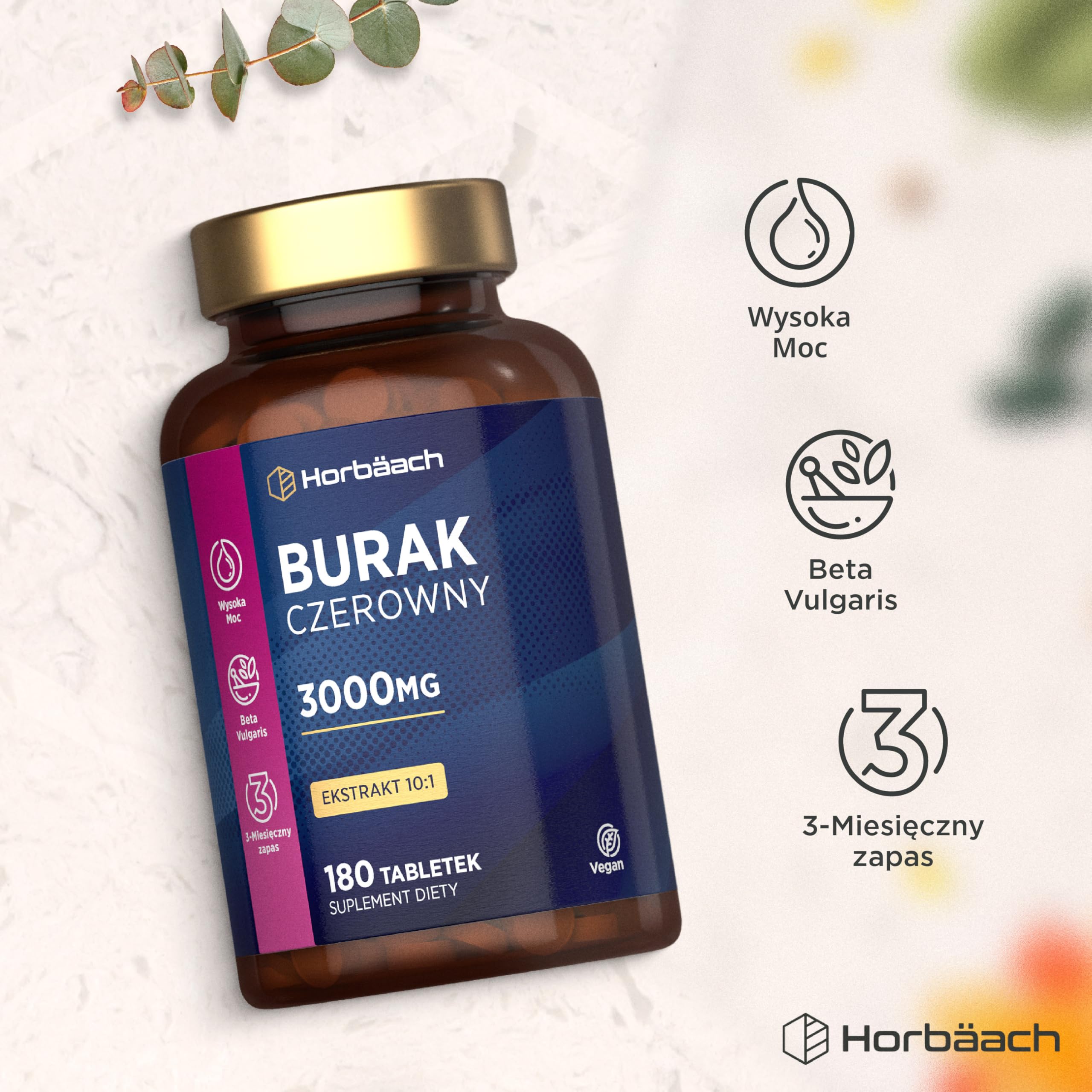 Burak Tabletki 3000mg | 10:1 Ekstrakt | Wysokiej Mocy Suplement z Buraka | 180 Tabletek Wegańskich (zapas na 3 miesiące) | Tlenek azotu | marki Horbaach