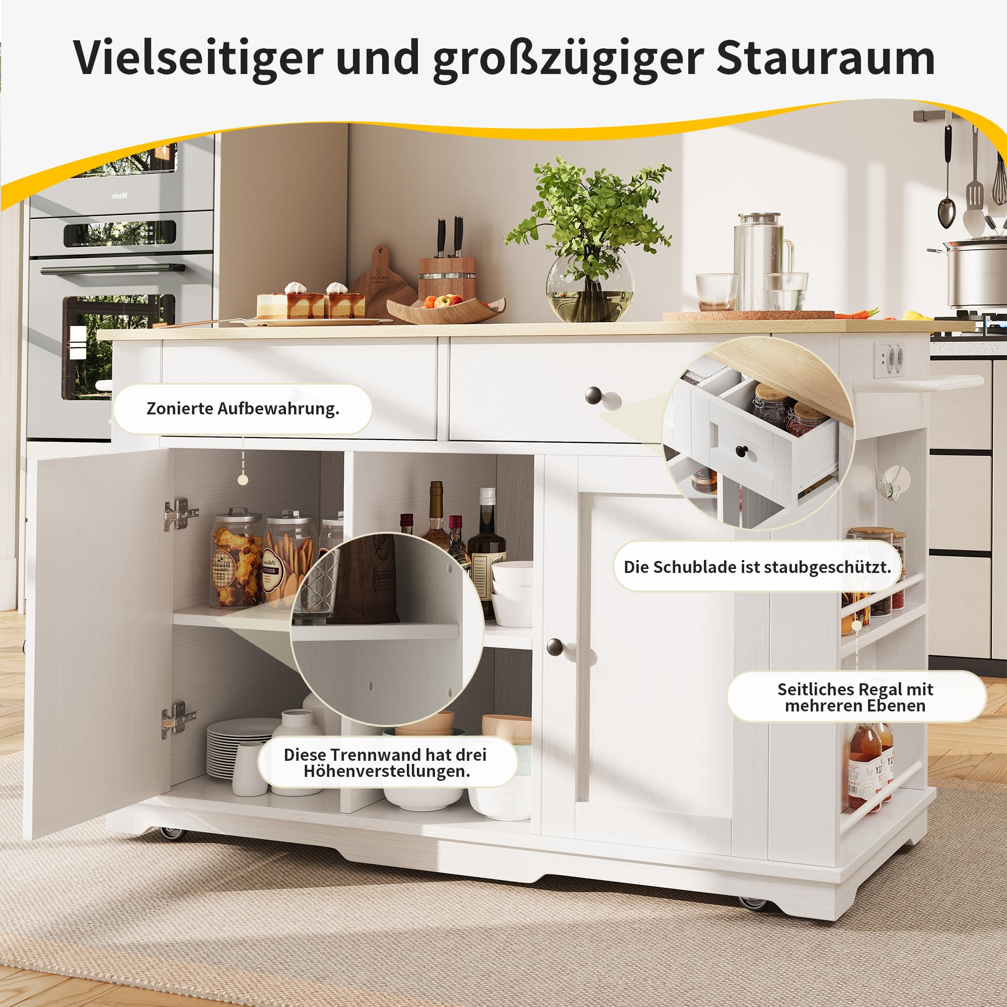 Merax Isla de cocina con encimera, carrito de cocina móvil equipado con regleta, armario buffet con 2 puertas, 2 cajones, estante para especias, toallero, 151,5 x 84,7 x 91,7 cm, color blanco