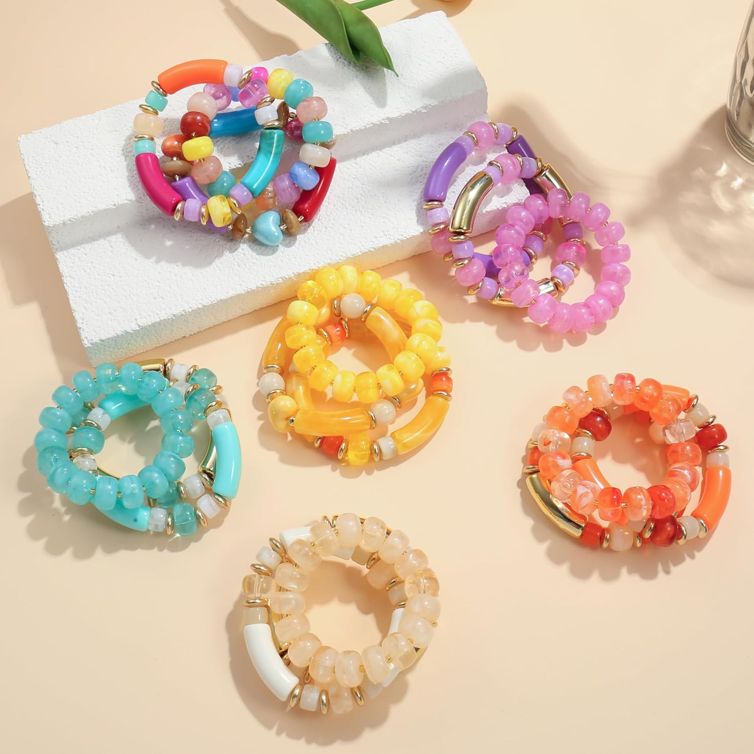 Multi Color Stretch Chunky Beaded Stackable Bracelets for Women- Layering Bead Strand Statement Wrap Bangles