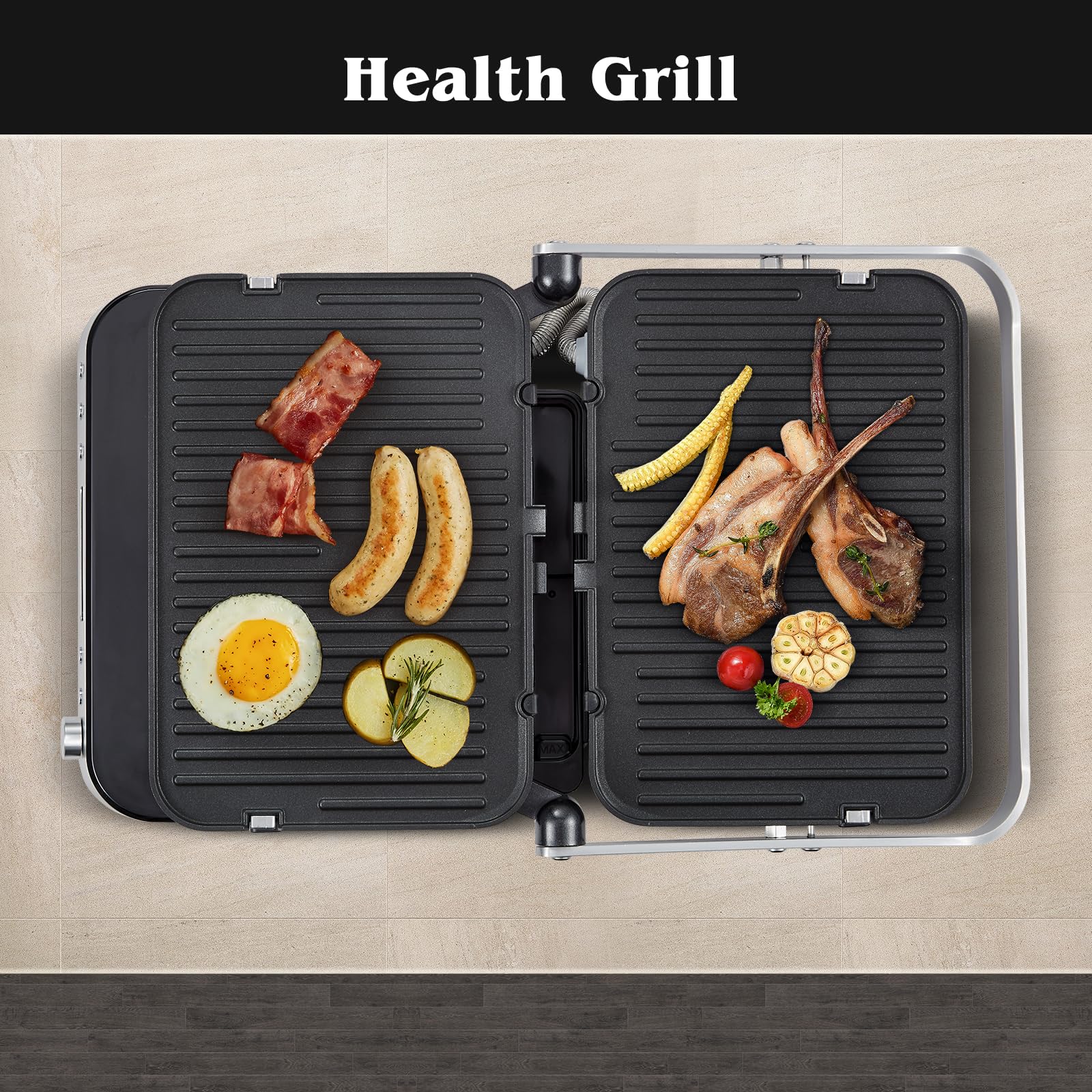 AMZCHEF 4 in 1 Multifunzione Grill Elettrico, Piastra Grill, Waffle Maker e Piastra per Panini con 4 Non-Stick Griglia Elettrica, Display LED, Temperatura e Tempo Regolabili, 2000W