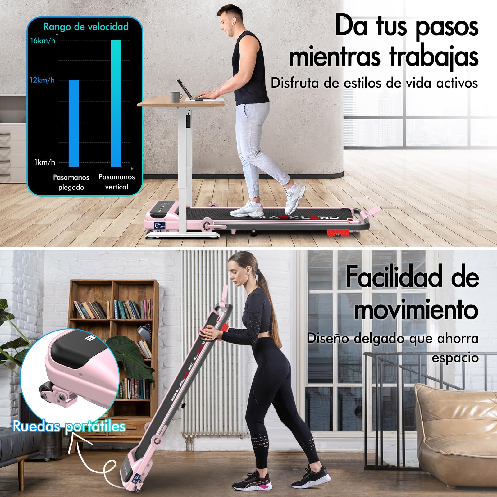 BLACK LORD Cinta de Correr con inclinación del 9% y pasamanos, 3,2 HP Walking Pad, Cinta de Correr eléctrica 4 en 1, 12 programas preestablecidos, Altavoz Integrado, Capacidad de 140 kgRosa