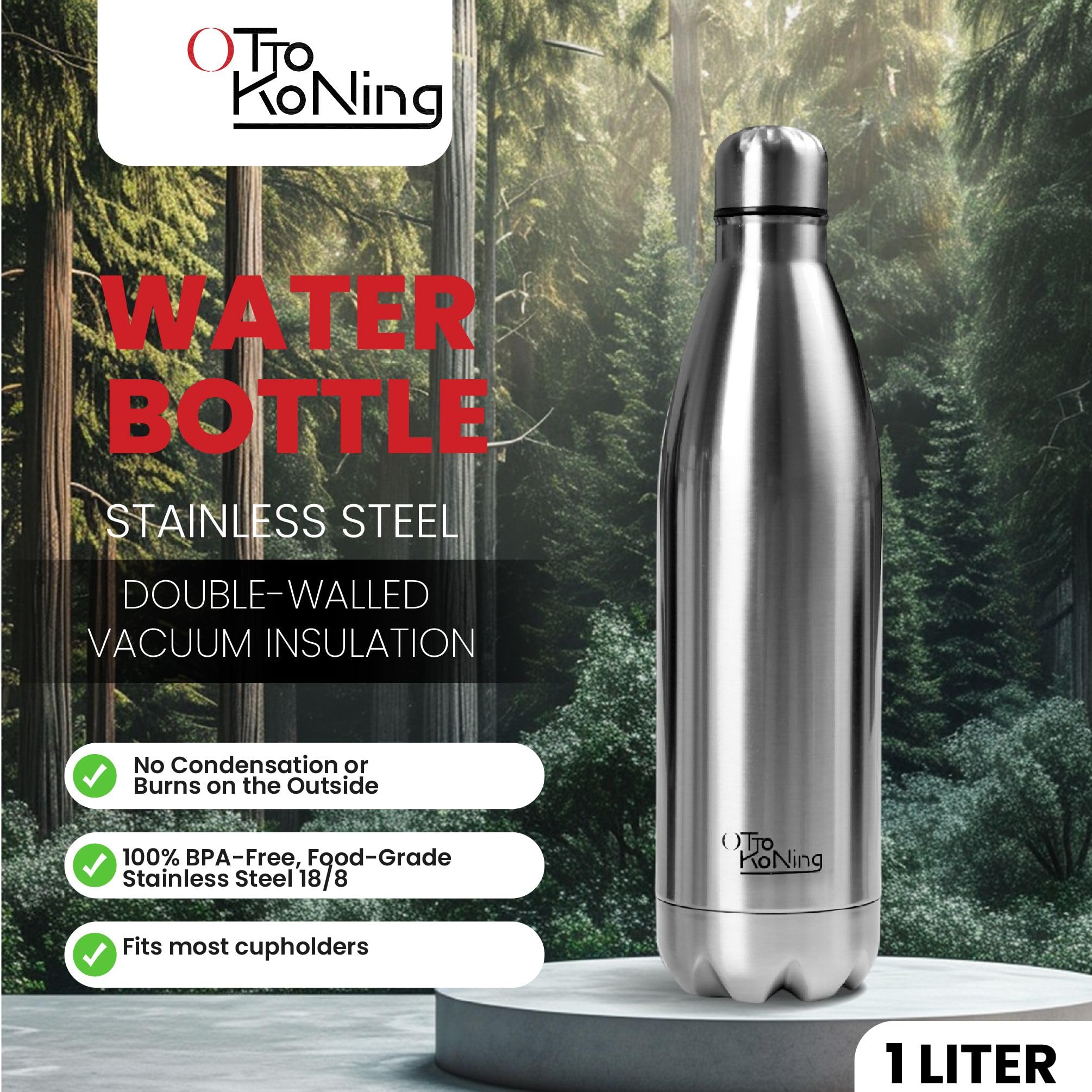 Otto Koning Water Bottle Otto Koning 1L - 1 Litre Stainless Steel Vacuum Insulated Flask - Keeps Cold 24h / Hot 12h - Large Leak Proof & BPA Free Metal Drinks Bottle for Gym, Hiking & Sports in use