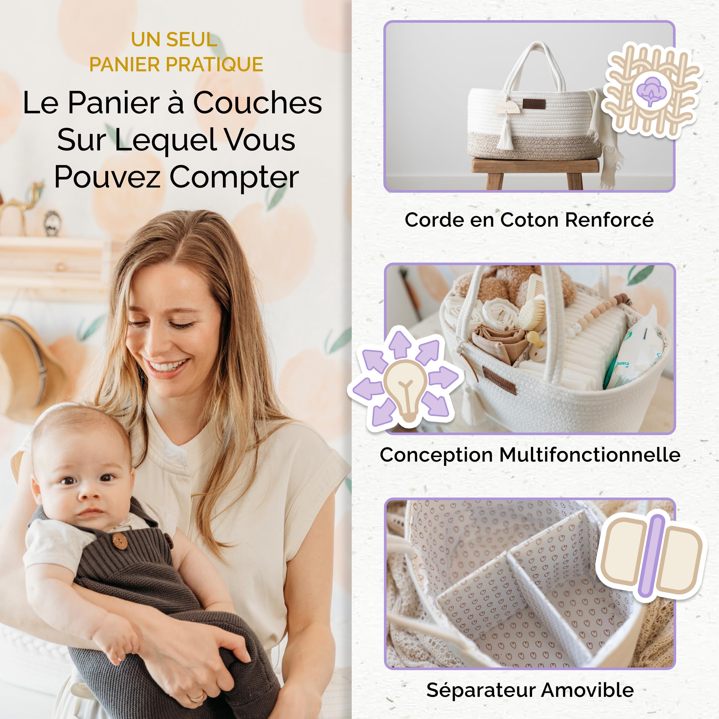 Yunioo Organisateur de panier à couches pour Bébé│Organisateur de table à langer pour chambre d'enfant│Sac à langer│Panier de rangement pour couches│Organisateur de jouets│Panier à langer