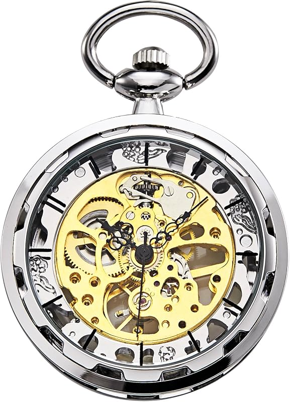 TREEWETO 懐中時計 手巻き アンティーク 機械式 スケルトン メンズ チェーン付き (シルバー)