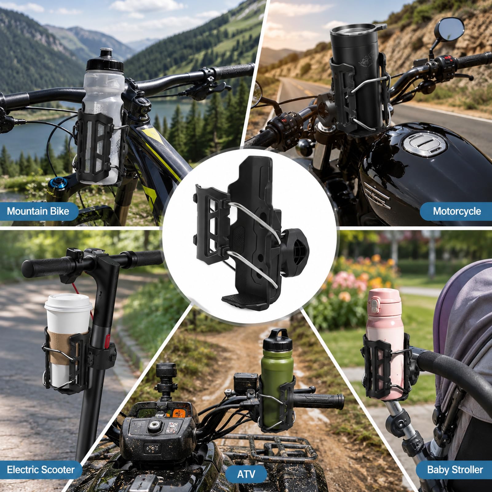 Uchwyt na bidon rowerowy obrót o 360°, dopasowany uchwyt na bidon rowerowy z narzędziem śrubowym, automatyczna konstrukcja mocująca, uchwyt na butelkę do roweru i motocykli, czarny