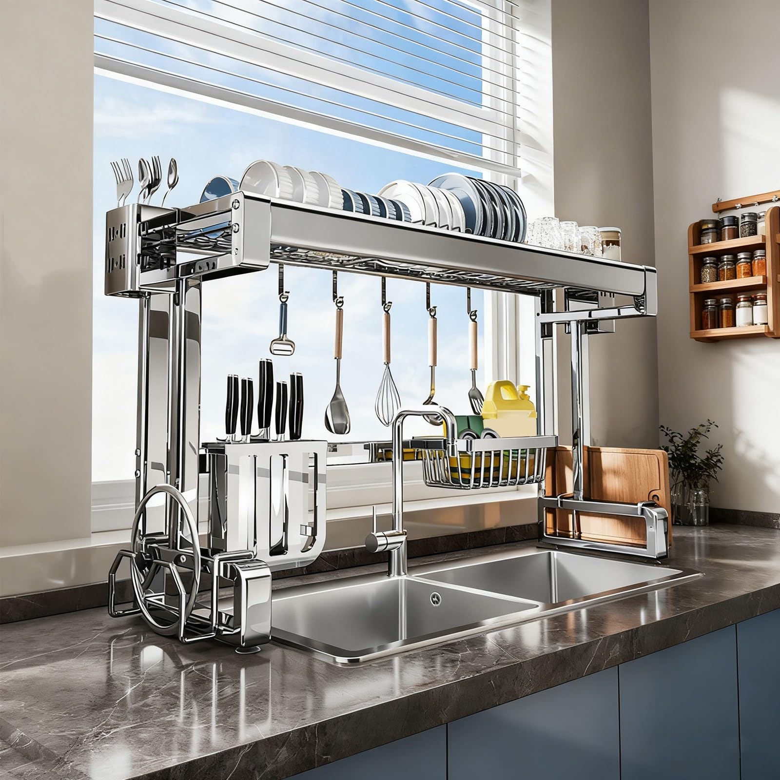 CAFIEDR Large Over Sink Dish Drying Rack - 304 Stainless Steel Kitchen Dish Drainer With Utensil Holder, Space-Saving Storage For Plates, Glasses * Bowls, 97Cm 1-Tier Design.1-tier-87cm/34.3in