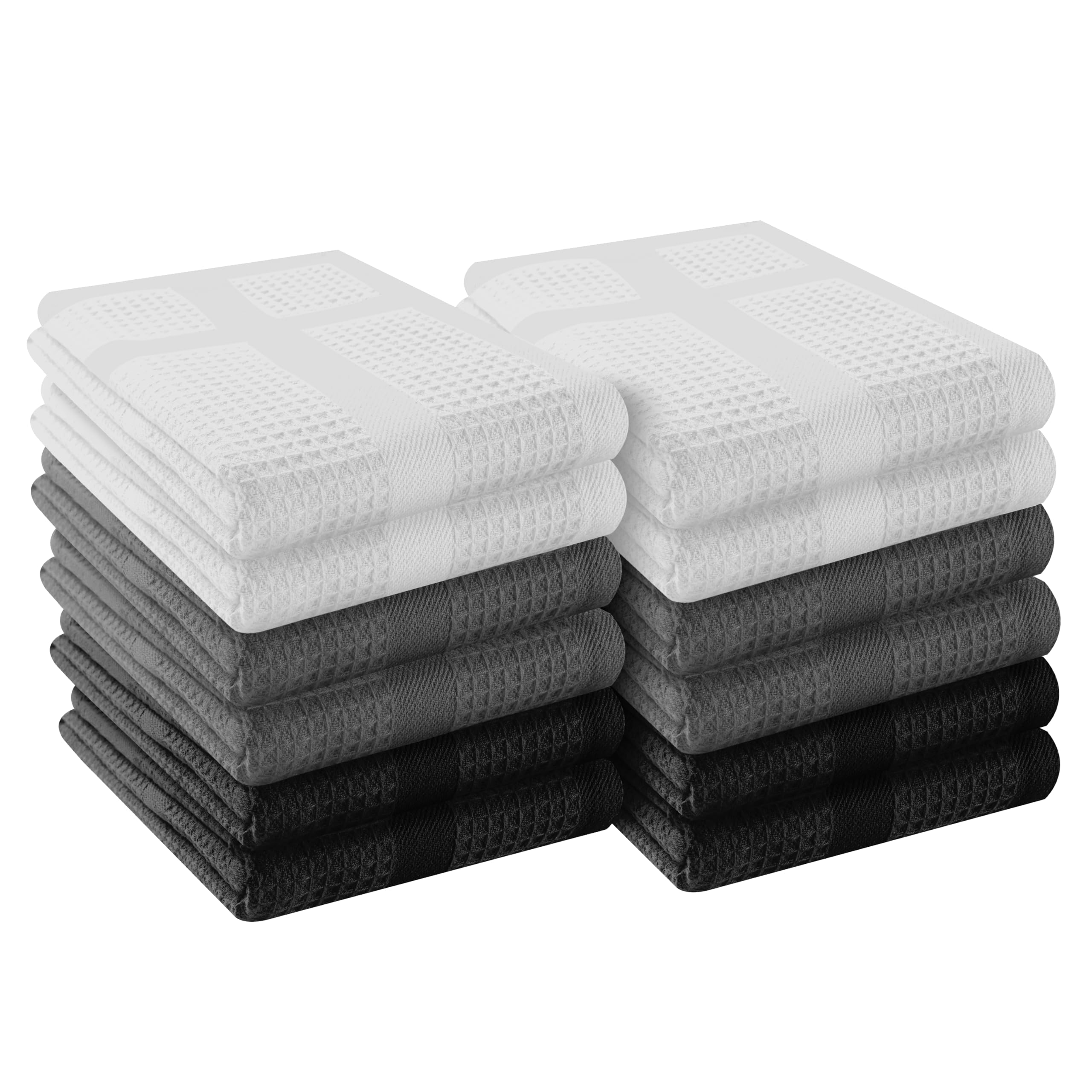 HEIRLOOM COMFORT 12 Pack Multi Color Waffle Weave Kitchen Towels, 40x66 cm, 100% Cotton, Super Absorbent, Quick Dry, Hand Towels for Drying Dishes, Cleaning, Durable - White, Grey, Black