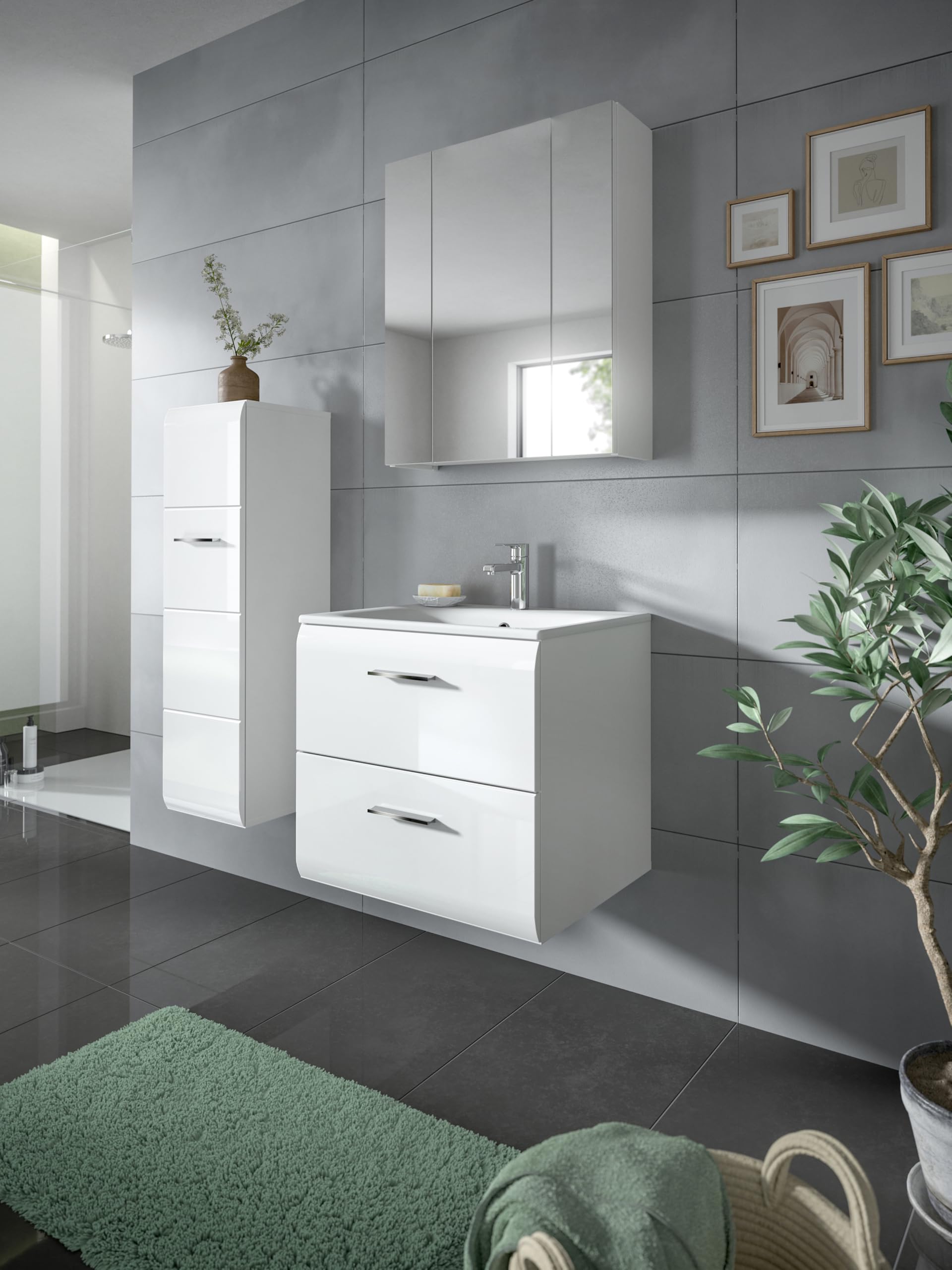 xonox.home – 2 TLG. Badezimmerkombination Ice 60x185x46 cm in Korpus weiß Nachbildung und Front weiß Hochglanz – Hochwertige Badmöbel-Kombi – modern – Bild 5