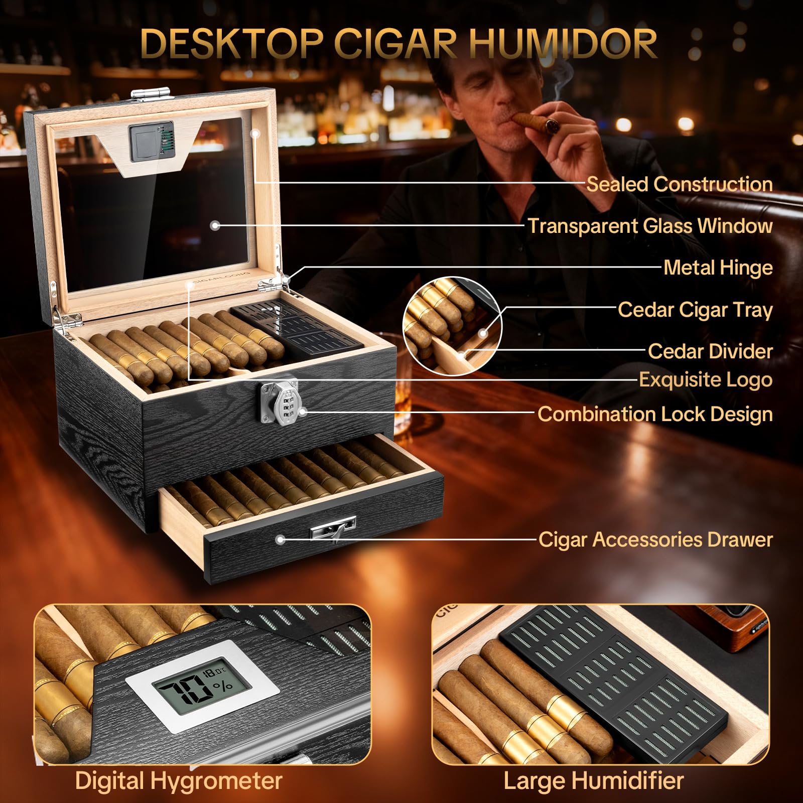 Zigarren Humidor, Zedernholz Humidor Zigarrenbox, Desktop Humidor mit Hygrometer, Luftbefeuchter, Regal, Trennwand, Zigarrenzubehör Schublade und Zahlenschloss, für 75 Zigarren, Zigarren Geschenke für