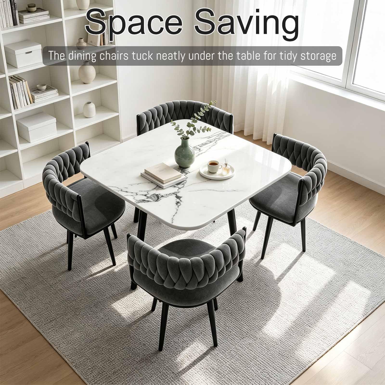 Juego de comedor moderno de 5 piezas: mesa cuadrada de piedra sinterizada con 4 sillas acolchadas de poliuretano, diseño de mármol blanco, ahorra espacio para comedor y apartamento