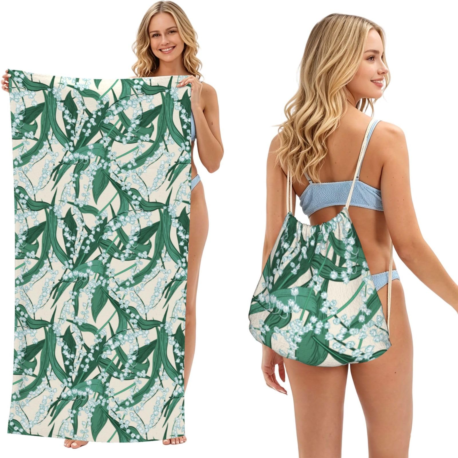 Poadnly As Picture Lily Of The Valley, 2 In 1 Packable Towel Bag, Beach Towels With Drawstring Backpack For Travel Holiday Camping