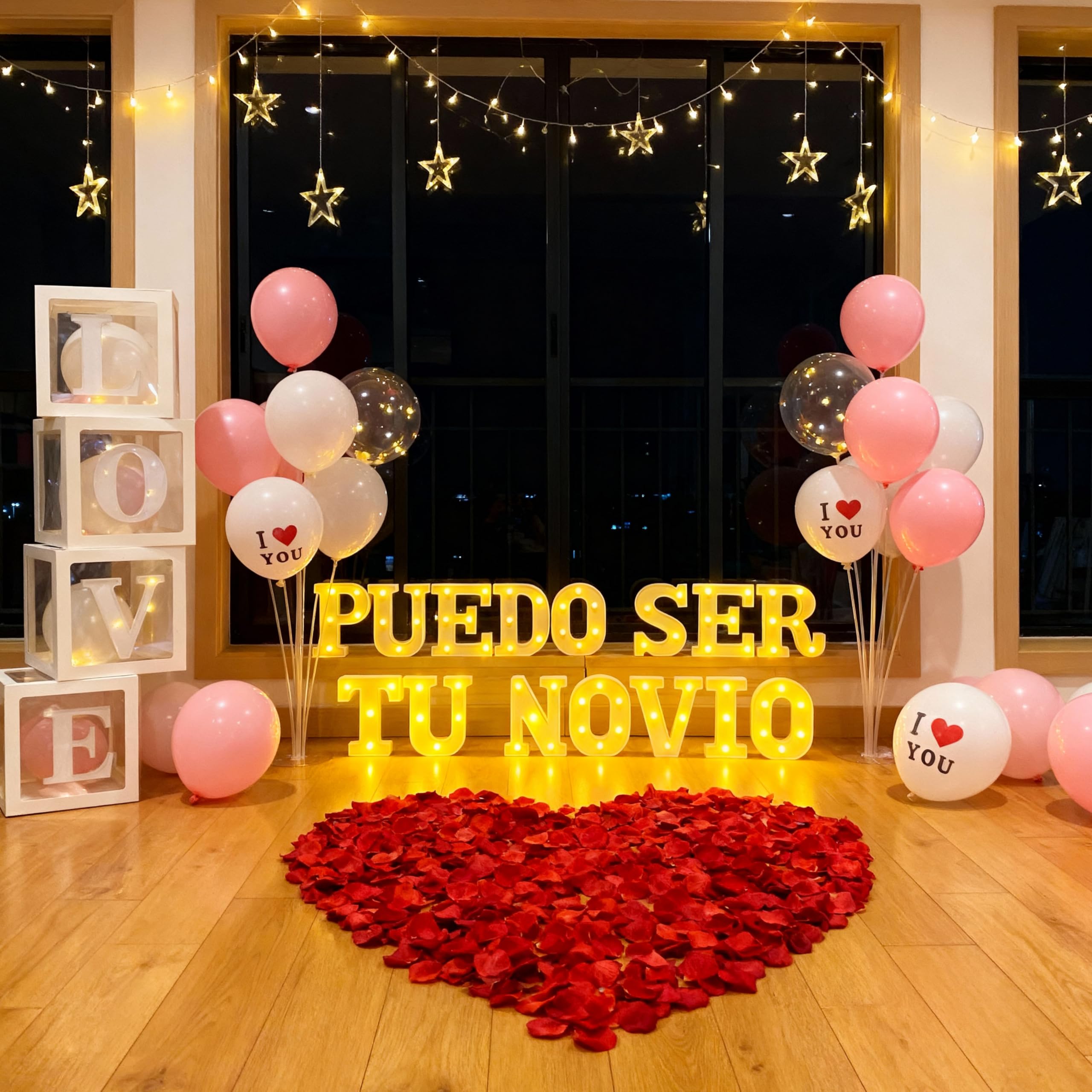 Puedo Ser Tu Novio - Juego de letras iluminadas que proponen decoraciones incluye 15 letras de luz LED y 1000 pétalos de rosa adornos para el día de San Valentín