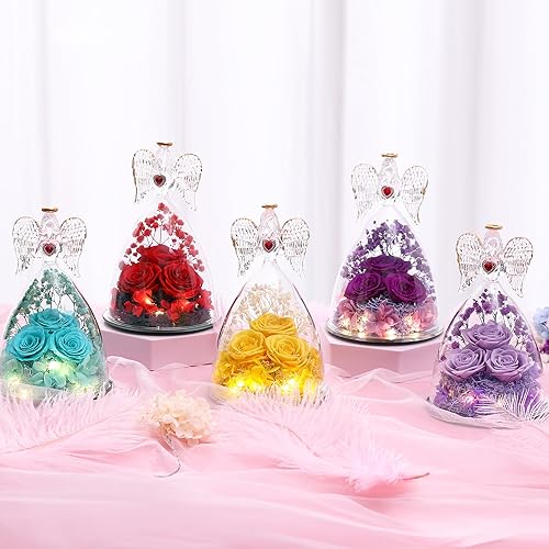 Miniatura 6 de Eaprala Regalos de cumpleaños para mujeres, abuela, mamá, novia, flor preservada, tres rosas reales en figuras de ángel de cristal, regalos de