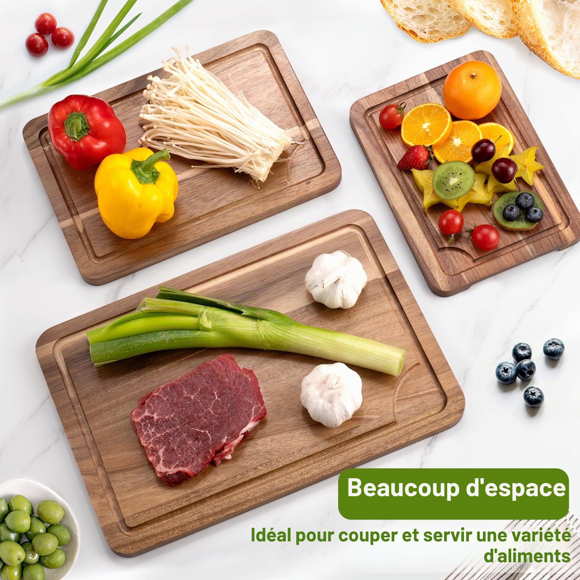 WILLKOMMEN Lot de 3 planches à découper en bois pour cuisine avec rainure pour jus, planches à découper (37x25-30x20-25x17cm) et bloc de boucher pour viande, légumes et fromage