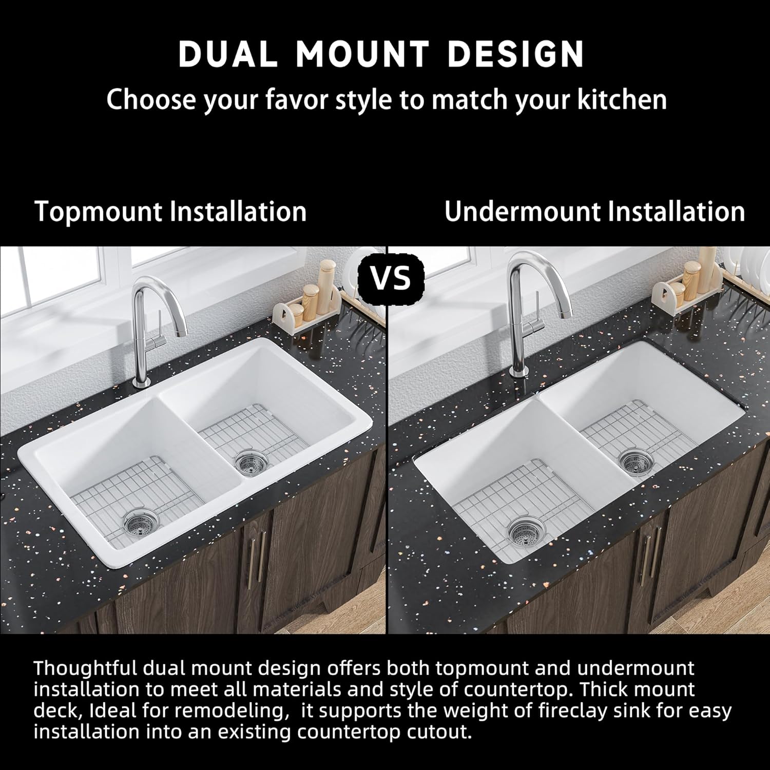 Miuara White Undermount Kitchen Sink 32 Inch Double Bowl 50/50 - Topmount Fireclay Drop In Sink 32"x19"x10", Dual Mount, Heavy Duty Dual Basin, with 4 Custom Accessories, Glossy White, for Kitchen