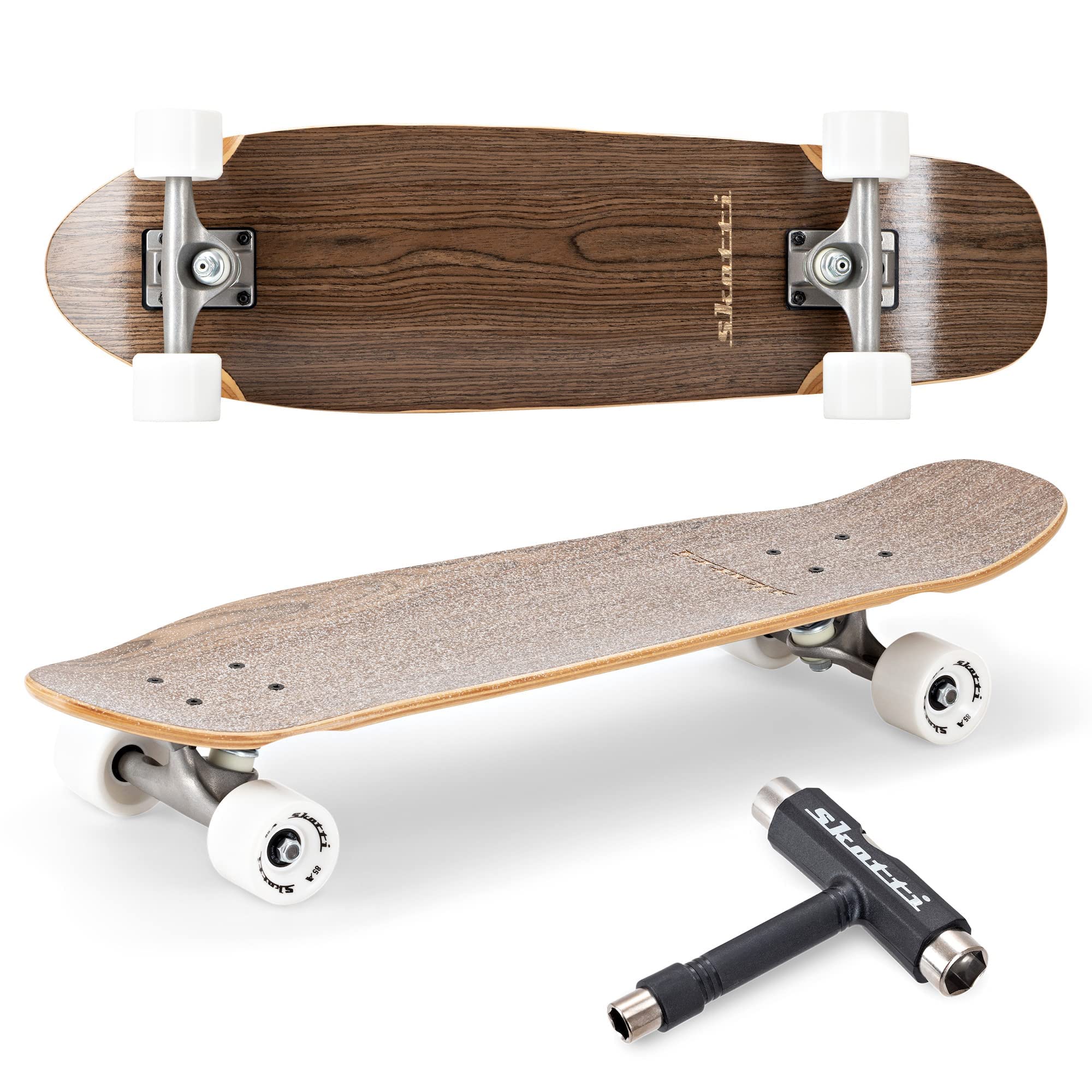 SKOTTICruiser Skateboard with a Canadian Maple Skateboard Deck, Light Gravity cast Trucks, Strong Titanium axles and a Hollow Kingpin. 85A Hard Wheels with Ceramic Bearings for a Smooth Fast Ride.
