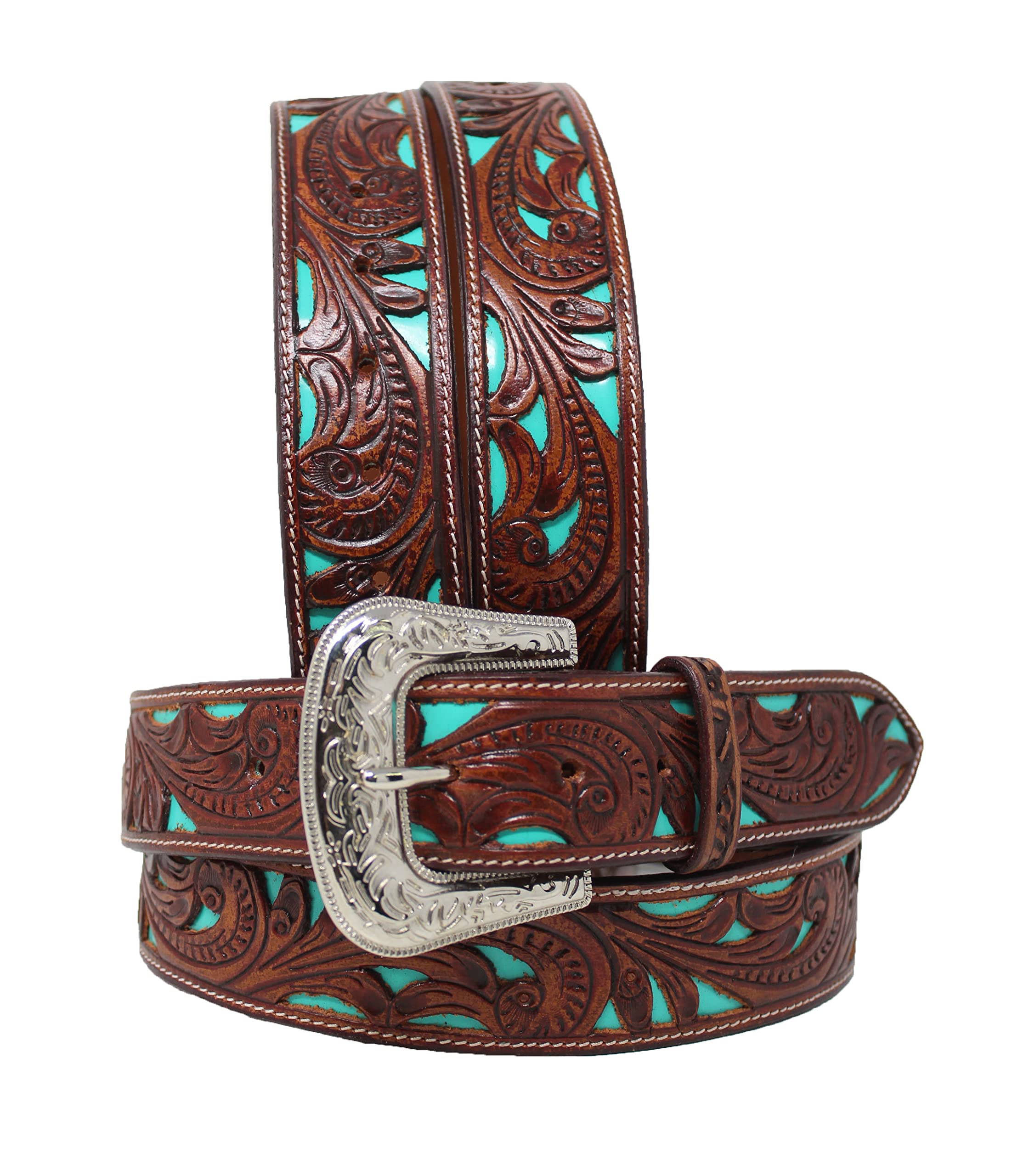 CHALLENGER 45-46 Men's Western Rodeo Fashion Tooled Floral Genuine Leather Belt Turquoise 2652RS