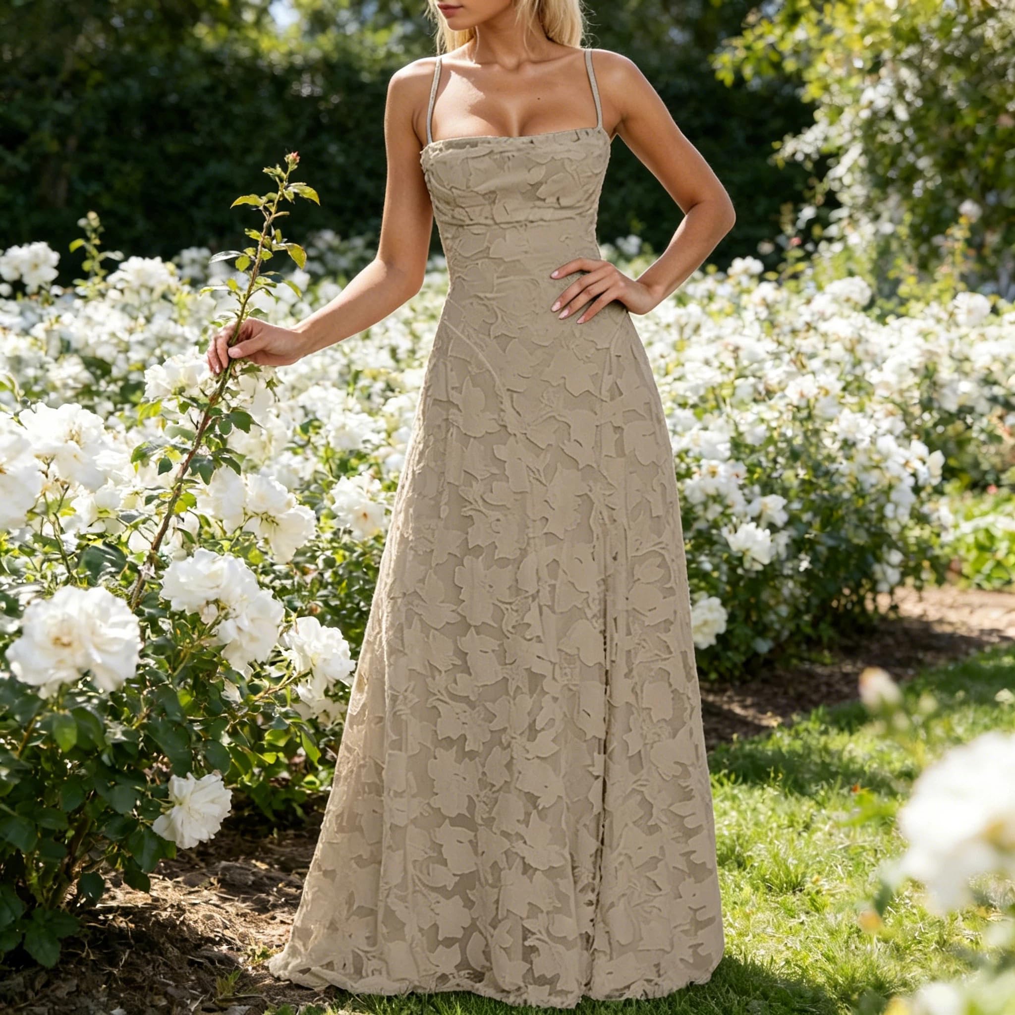 Robe de Bal Dentelle Longue Robe Demoiselle D'honneur Femme Florale Jacquard Chic et Elegante Maxi Dress Bretelles Spaghetti Mousseline Corset Dos Nu Fête Festive Cocktail Gala Ceremonie Mariage Robes