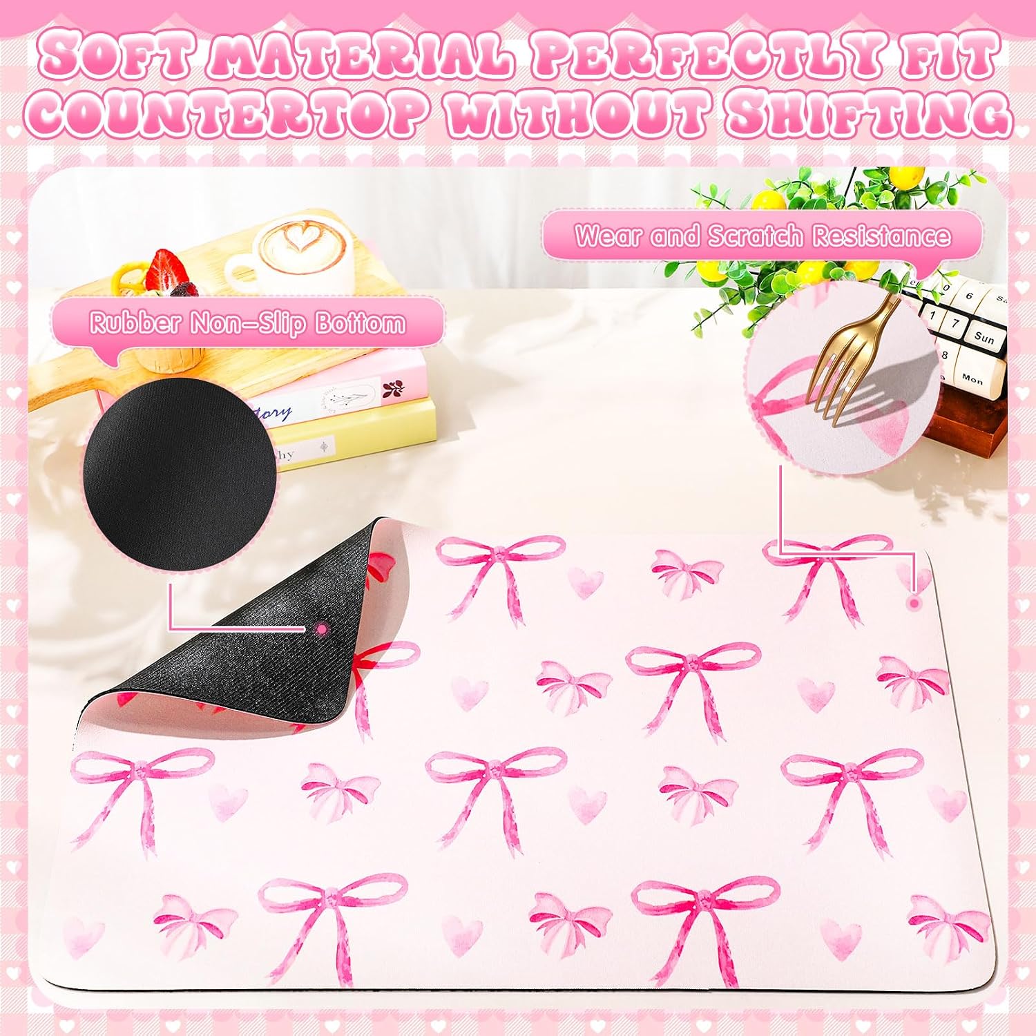 Tinideya Large Coquette Pink Bow Dish Drying Mat Large for Kitchen 24"x 16" Aesthetic Bow Absorbent Coffee Bar Pad for Women Counter Kitchen Home Decor Accessories Party Gifts
