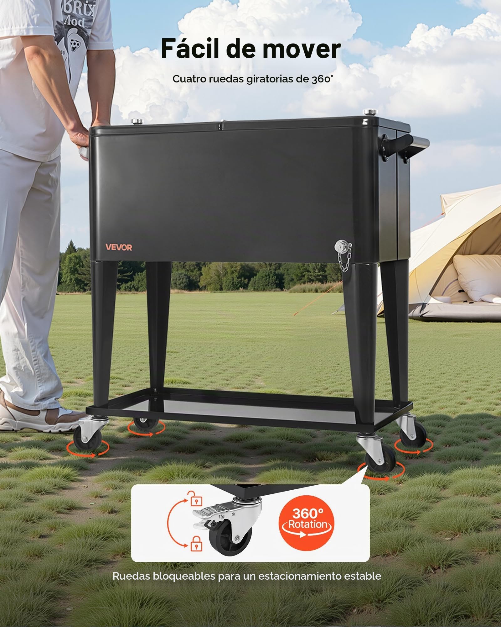 VEVOR Carrito Nevera con Ruedas 75,71 L, Carrito Refrigerador con Estante Inferior, Canasta Lateral, Abridor de Botellas, Enfriador de Bebidas Portátil para Fiestas en Exterior, Camping, Negro