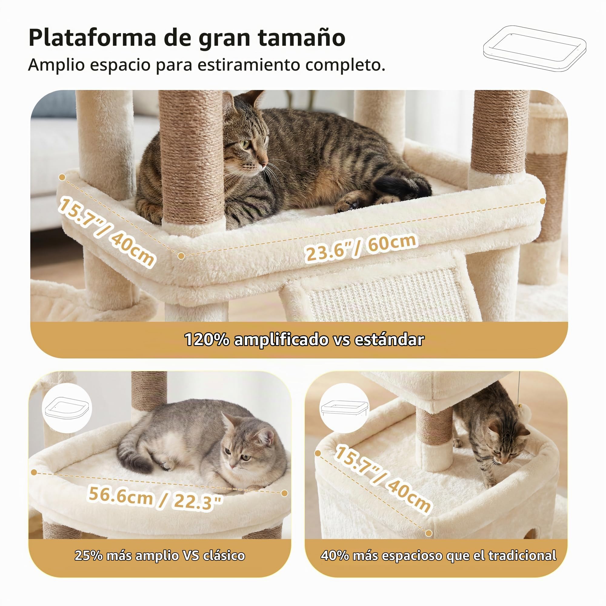 Heybly Rascador para Gatos, 184cm Árbol Rascador Grande con 3 Amplias Plataformas, 2 Cuevas, 2 Cestas Y Una Almohadilla Rascadora De Sisal Extragrande, Una Torre De Juego Estable, Beige HCT060MJ